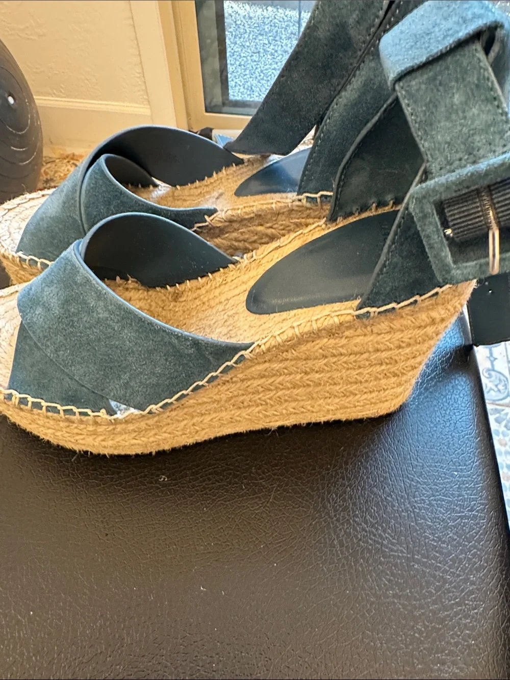 Marc Fisher Teal Suede Espadrille Wedge Sandals with Ankle Strap.  Worn once.